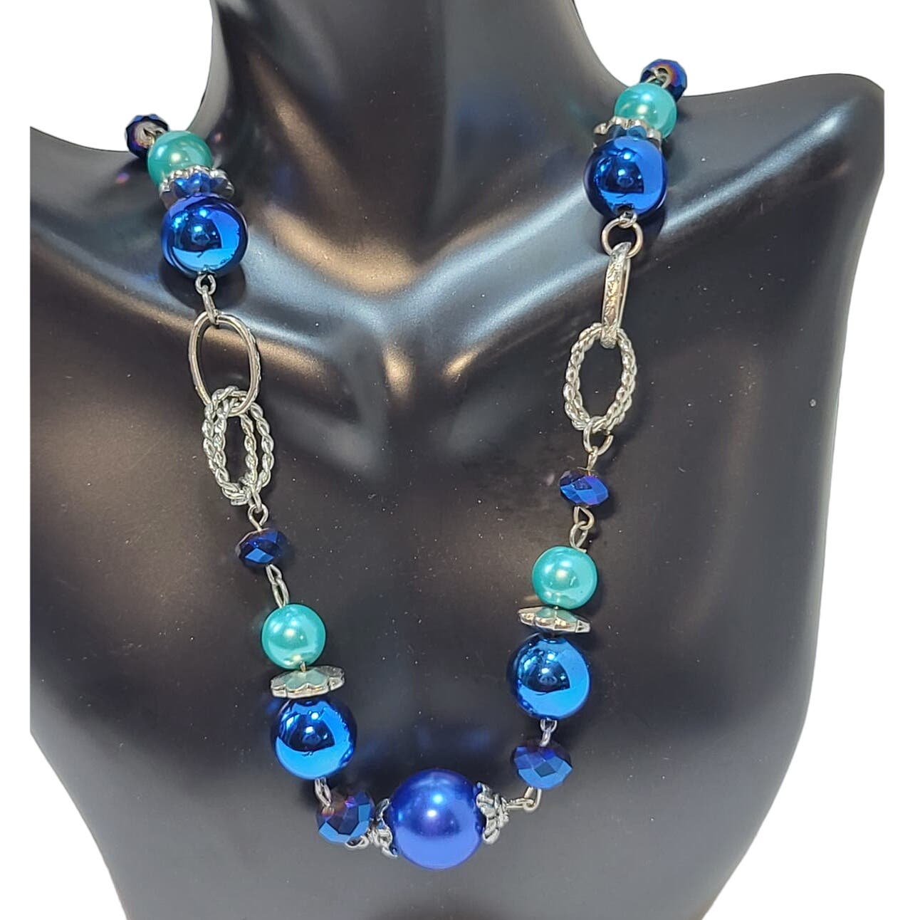 Charming Charlie Blue Green Beads Silver Chain Opera Length Necklace  Earrings